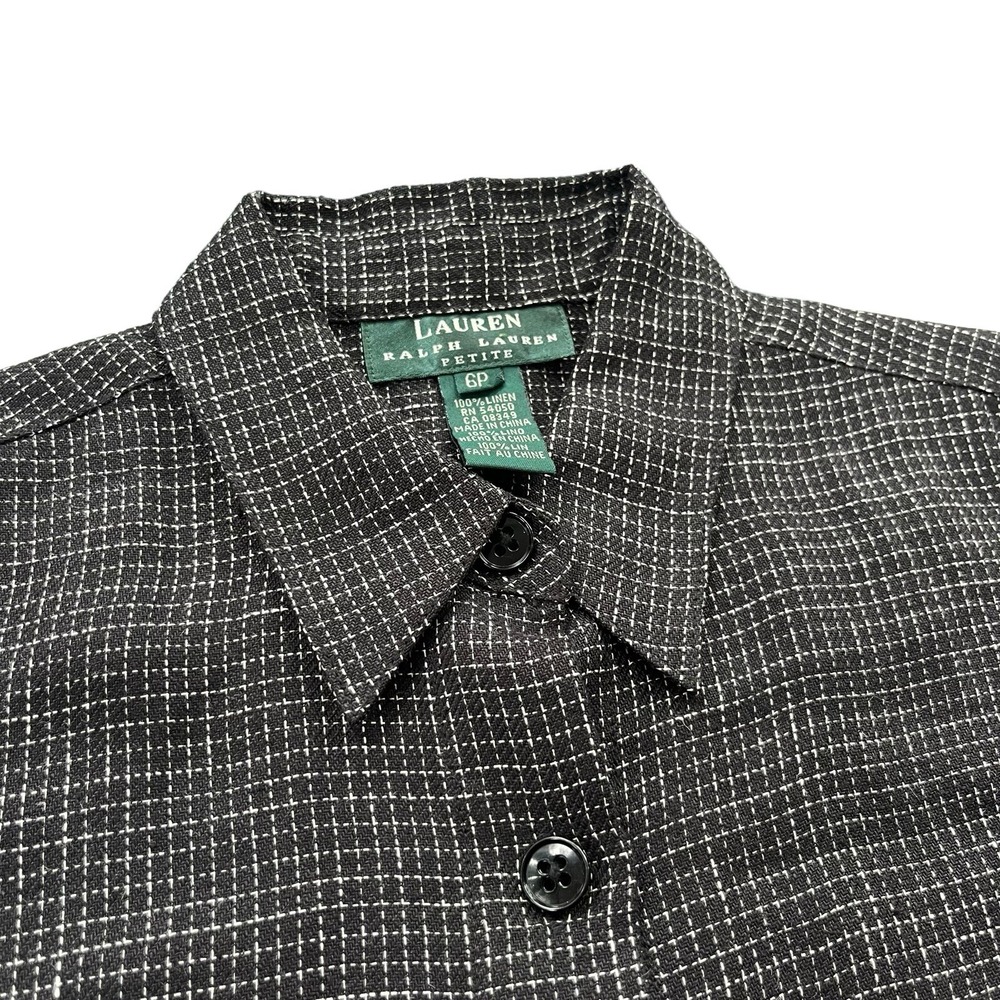 Lauren Ralph Lauren Size 6P Black White Grid Check Linen Button Up Long Sl Shirt
